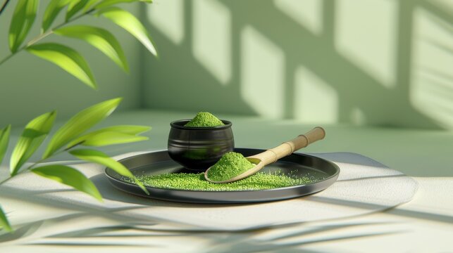 Matcha powder on a black plate with a bamboo tea scoop isolated on light green background. Japanese tea ceremony utensils.