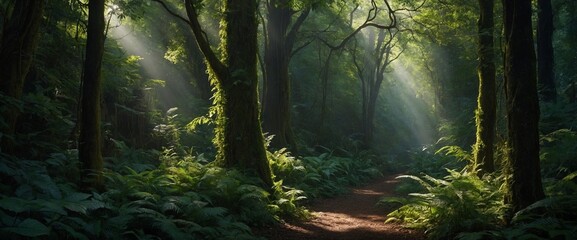 AI generated illustration of a hyper-realistic forest scene with lush trees - obrazy, fototapety, plakaty