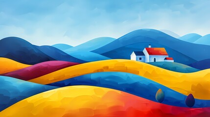 Hill and house abstract oil painting illustration poster background