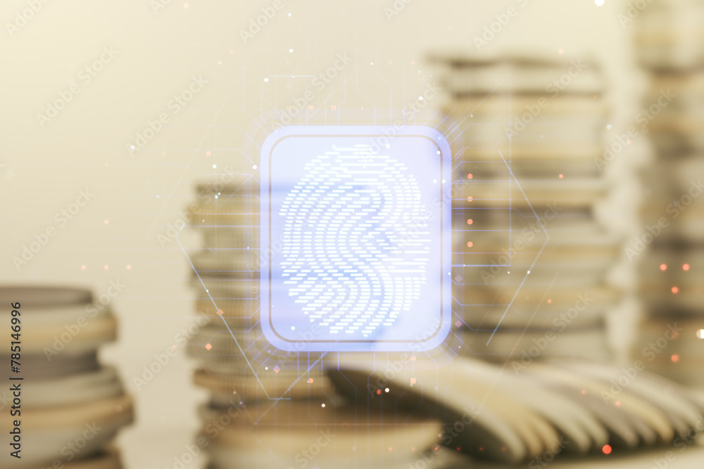 Fototapete Multi exposure of virtual abstract fingerprint illustration on stacks of coins background, digital access concept