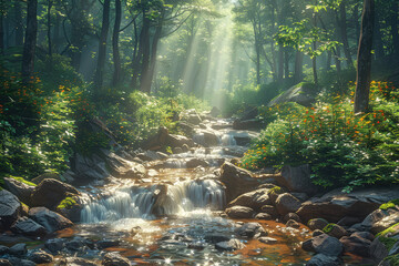 Waterfall in the forest with beautiful sunshine. Created with Ai