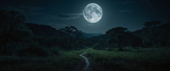 Fototapeta na wymiar AI generated illustration of the moon shining in a hyper-realistic night sky over a dense forest