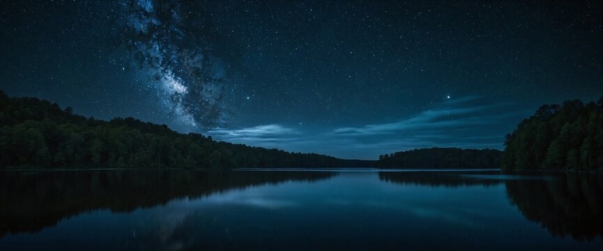 AI generated illustration of a hyper-realistic photograph of a starry sky over a serene lake