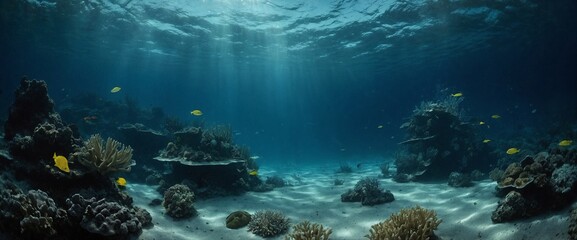 AI generated illustration of a hyper-realistic photograph of an underwater view with coral reefs - obrazy, fototapety, plakaty