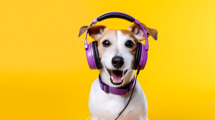 Happy, contented dog listens to music on headphones while on vacation or relaxing on a yellow...