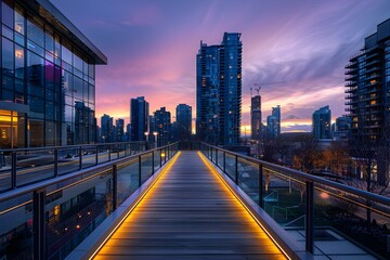 Captivating Modern Urban Landscape with Sleek Architectural Structures and Dramatic Colorful Lighting at Dusk