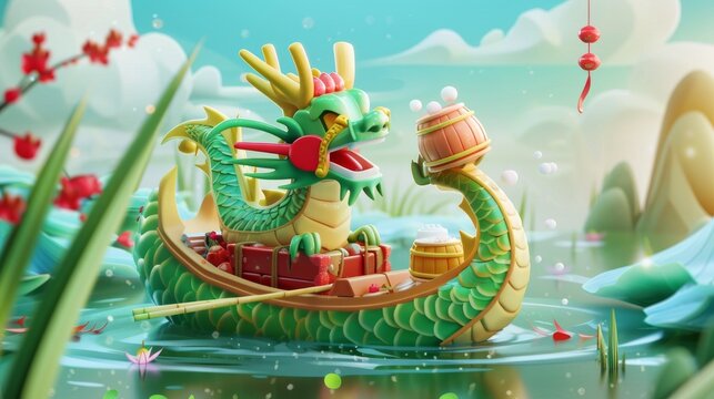 Happy Duanwu holiday with this cute 3D dragon boat filled with drums, wine glasses, and sticky rice dumplings floating on bamboo. Text: