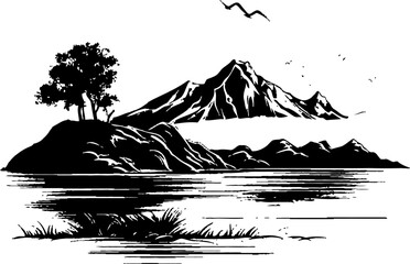 Sketchscape Serenity Wild Nature Emblem Mountain Majesty Sketch Landscape Icon