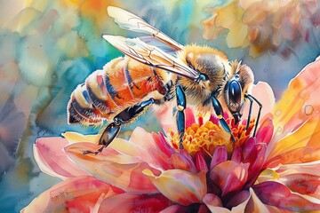 Capture the intricate details of a rear view Bee delicately gathering nectar from a vibrant, blooming flower in vivid watercolor - obrazy, fototapety, plakaty