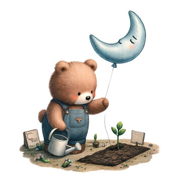 Bear cub with crescent moon balloon planting in the garden, concept of childhood curiosity and the joy of horticulture
