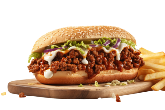 Savory Delight: Sloppy Joe Sandwich and French Fries on Cutting Board. On White or PNG Transparent Background.