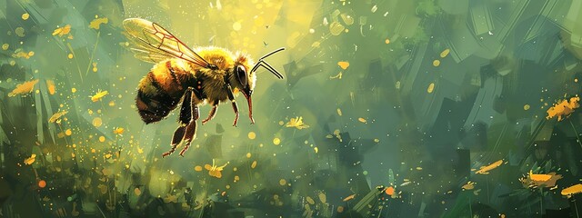 Craft a whimsical scene of a bee flying with its delicate wings spread wide, utilizing pixel art to convey a sense of movement and wonder - obrazy, fototapety, plakaty