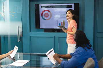 Asian woman presenting budget report in a modern business office, diverse team listening