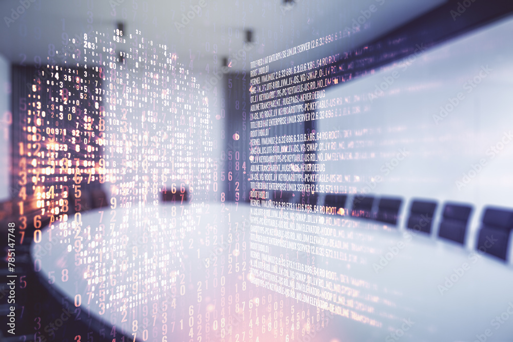 Poster abstract virtual code skull illustration on a modern conference room background. hacking and phishin
