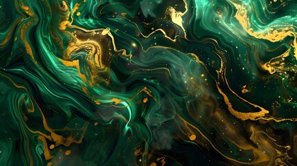 Luxury abstract fluid art painting background, liquid ink, gold and green fibers. New liquid texture. 3D render