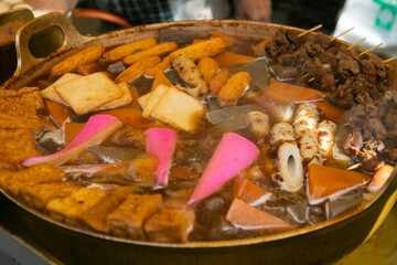 Oden is a type of nabemono, that's traditionally cooked in a donabe (clay pot) and features Japanese fish cakes, konnyaku or tofu.