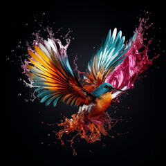Obraz premium Bird in multi colors splashing wather on black background. Natural color.