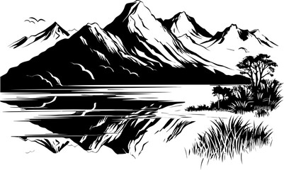 Fototapeta premium Mountain Majesty Sketchy Landscape Icon Coastal Canvas Wild Nature Sketch Emblem