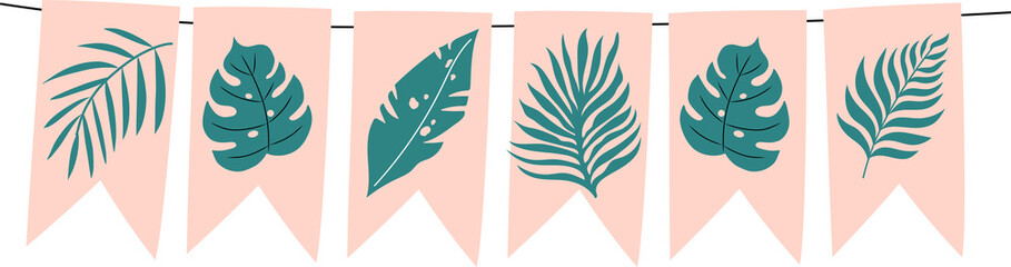 Handdrawn summer party decoration garland with palm leaves.
