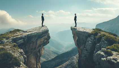 AI-generated illustration of Two men on a cliff edge under the cloudy sky - obrazy, fototapety, plakaty
