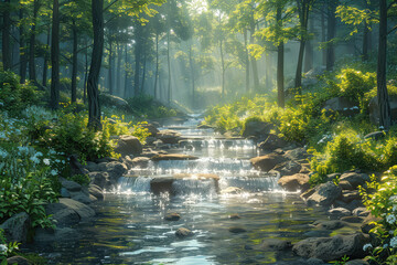 River in the forest. Created with Ai