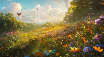 Sunlit Wildflower Symphony: A Luminous Meadow with Butterflies - obrazy, fototapety, plakaty