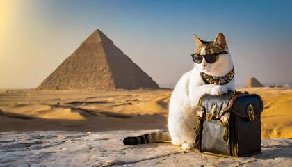 エジプト旅行する猫　ピラミッド　砂漠