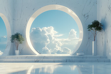  A white marble room with circular windows, white clouds in the sky, blue sky, symmetrical composition. Created with Ai