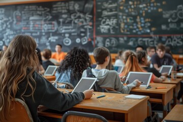 AI generated illustration of Kids learning in classroom with computers, formulas on chalkboard - obrazy, fototapety, plakaty