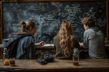 four women sitting in front of a blackboard with some writing on it - obrazy, fototapety, plakaty