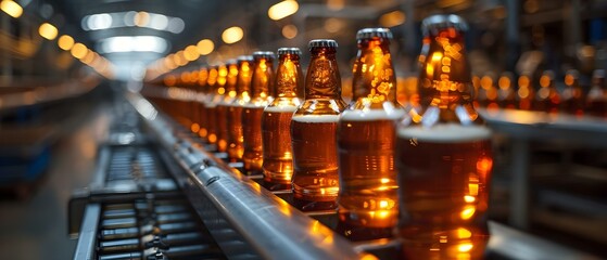 Craft Beer Bottling Symphony on Conveyor Belt. Concept Brewery operations, Craft beer production, Bottling process, Conveyor belt efficiency, Symphony instrumentation