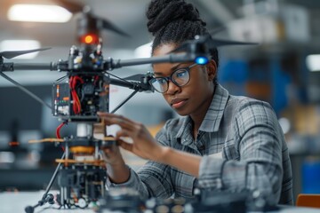 young african american female engineer with futuristic drone on desk in factory - obrazy, fototapety, plakaty