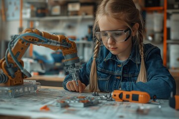 a little girl sits at a table in front of a mechanical device - obrazy, fototapety, plakaty