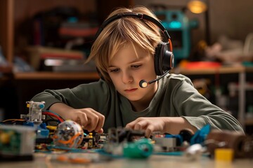 a small boy in headphones is working on his electronics
