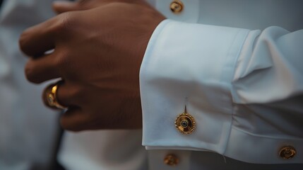 AI generated illustration of a man wearing a white shirt and tie with a gold ring on his finger