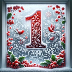AI generated illustration of a frosty anniversary scene with red berries and the number 1
