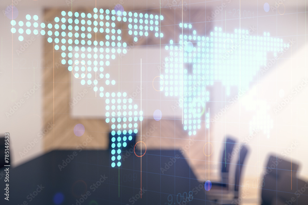 Poster Multi exposure of abstract graphic world map on a modern furnished classroom background, big data and networking concept