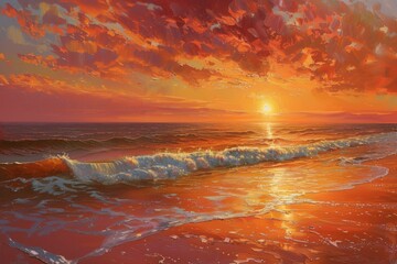 Fiery Ocean Sunset: A Dramatic Seascape Painting