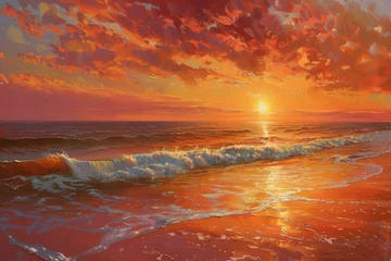 Zelfklevend Fotobehang Fiery Ocean Sunset: A Dramatic Seascape Painting © zeng