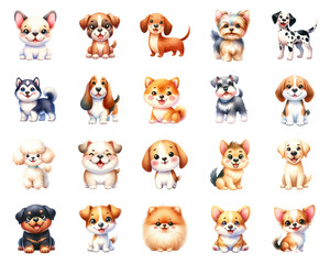 Set of watercolor cute dogs. Cute dog breeds collection. Dog days concept.