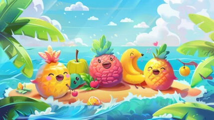 Obraz na płótnie Canvas This summer illustration shows cartoon fruits relaxing on a tropical island while having fun.