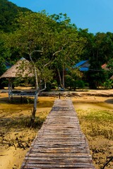 Vertical shot of a wooden bridge on an island during daytime