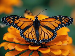 AI generated illustration of a monarch butterfly perched on a flower with open wings