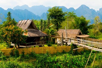 Scenic landscape of rural houses in a mountainous area during daytime - Powered by Adobe