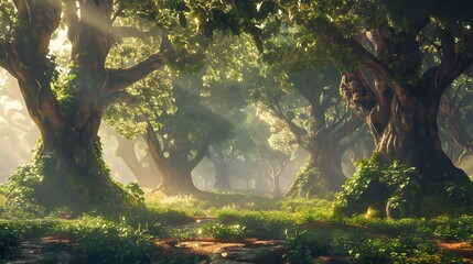 Forest Sunlight Filtered Through Trees on Misty Morning - obrazy, fototapety, plakaty