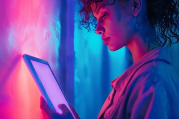 App preview over shoulder of a young girl holding an ebook with a completely neon screen