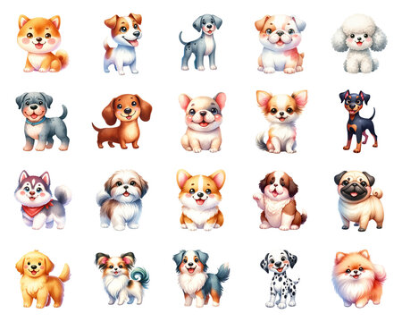 Set of watercolor cute dogs. Cute dog breeds collection. Dog days concept.