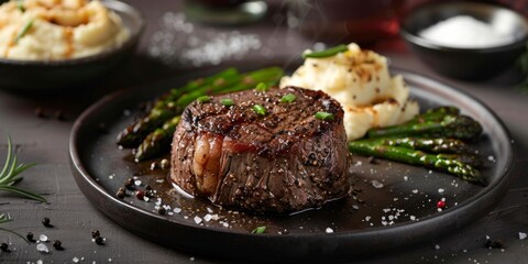Tender steak with a side of creamy mashed potatoes and fresh asparagus. Satisfying and flavorful...