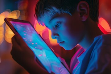 App demo near shoulder of a boy holding an ebook with a fully neon screen