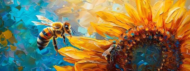 Capture the intricate dance of a delicate honeybee pollinating a vibrant, blooming sunflower in bold acrylic strokes - obrazy, fototapety, plakaty